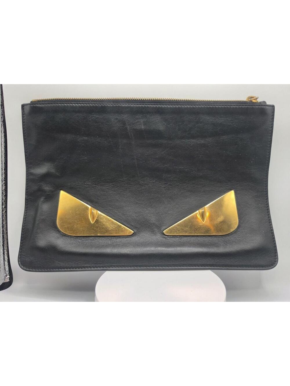 Fendi Bag Bugs Monster Eyes Black Leather Zip Clutch Pouch Italy
